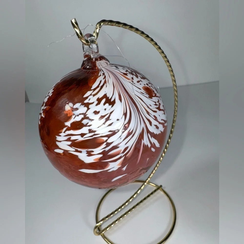 Large Speckled Orange & white Hand Blown Glass Ball Ornament